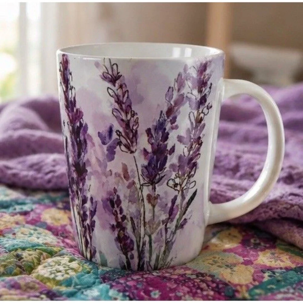 Purple Lavender Floral Coffee Mug Ceramic Tall Tea Cup Cottage Farmhouse Decor